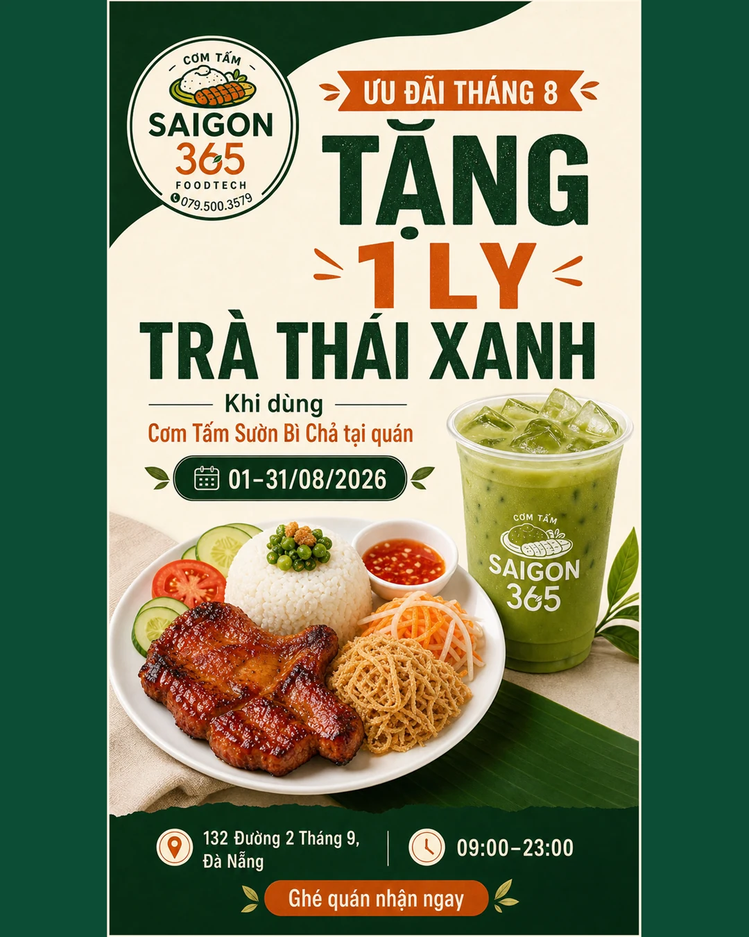Ưu đãi tháng 8: tặng 1 ly Trà Thái xanh khi dùng Cơm tấm sườn bì chả tại quán
